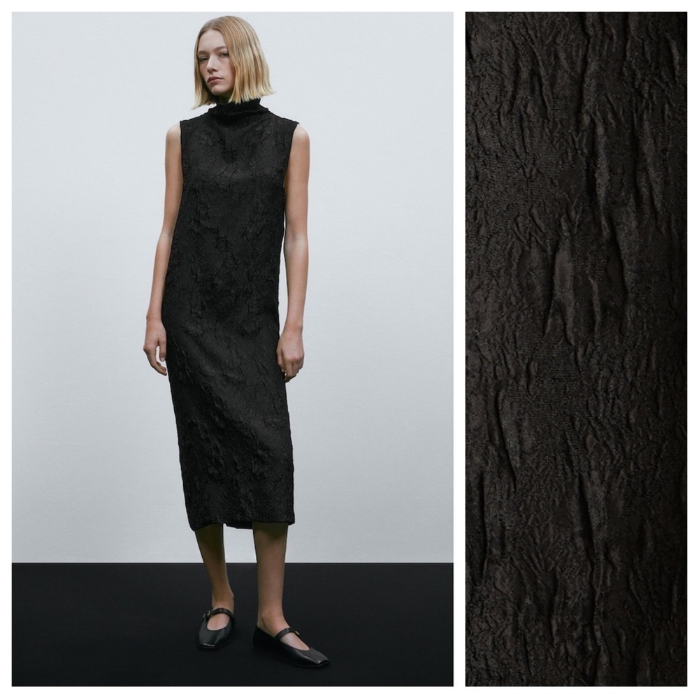 NWT Massimo Dutti Black Wrinkled Jacquard Mock Turtleneck Midi Dress. Size S.